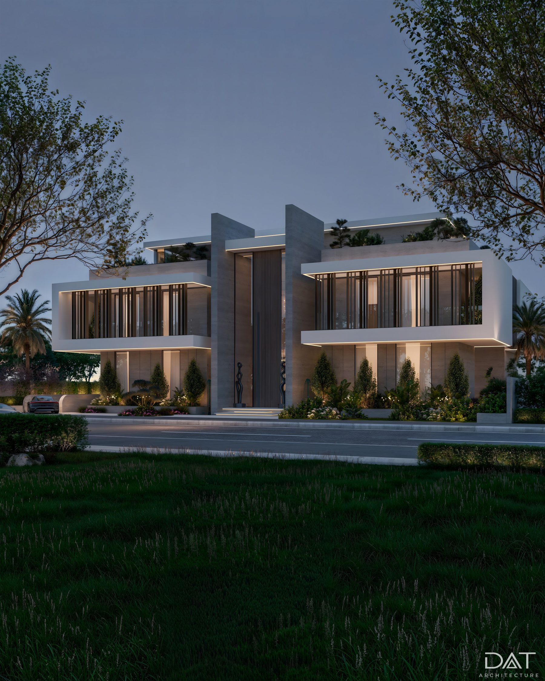 Villa N40 front elevation, dusk